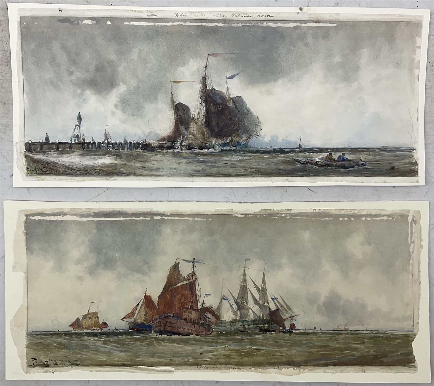 Frank Henry Mason (Staithes Group 1875-1965): 'Dutch Pinks (Barges) entering Volendam Harbour' and 'Off the ** Lightship Holland', pair watercolours and bodycolour signed titled and dated '99, 18cm x 44cm (2) (unframed)