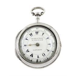 18th century silver pair cased verge fusee pocket watch for the Turkish market by Markwick Markham (London ca.1725-1805), square baluster pillars, pierced and engraved balance cock, white enamel dial with Turkish numerals