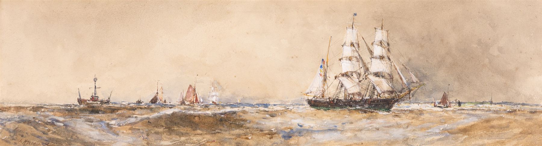 Frank Henry Mason (Staithes Group 1875-1965): Panoramic View of Shipping off the South Coast, watercolour signed 13cm x 47cm