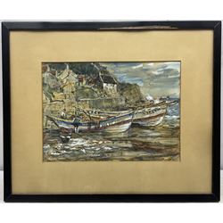 Rowland Henry Hill (Staithes Group 1873-1952): Whitby Cobles at Runswick Bay, watercolour signed and dated 1940, 24cm x 34cm