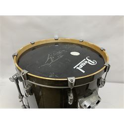 Pearl Vision SST Birch Ply shell four-piece drum kit in black comprising bass drum with foot pedal and three graduated toms; together with Pearl Custom Alloy Sensitone steel snare drum, drum and cymbal stands, microphone stand, stool and various drum sticks 