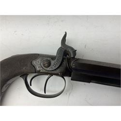 Early 19c percussion double barrel Howdah pistol by J. Blisset London, c1840s, approximately 50 calibre, 10.5cm octagonal monobloc barrels with captive swivel ramrod under, finely chequered walnut stock, engraved hammers, lock plates, tang and trigger guard, butt plate with hinged cap compartment, vacant white metal oval escutcheon L25.5cm overall