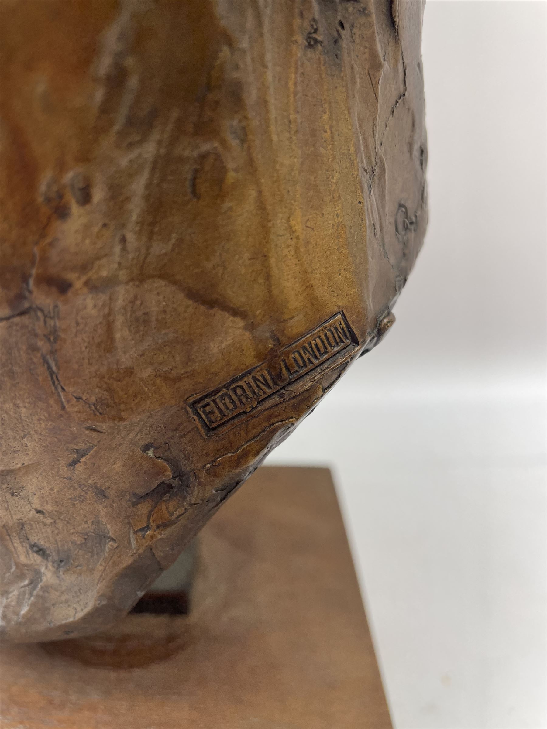 Anne Curry (French 1943-): Bronze bust modelled after the artist's late Grandfather, signed and dated '95 and numbered 1/5 on square wooden plinth, H41cm overall. Provenance: This piece was a gift from the artist's father to the vendors late mother in law. The portrait depicts the artist's late Grandfather who was a friend of the family