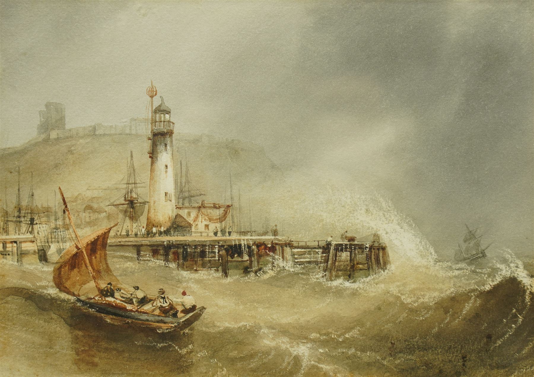 Henry Barlow Carter (British 1804-1868): 'The Entrance to Scarborough Harbour on a Windy Day', watercolour unsigned, attributed and titled on gallery label verso 16cm x 23cm
Provenance: with Walker Galleries, Harrogate, label verso
