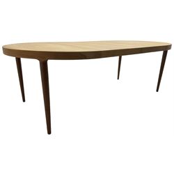  Possibly Skovmand & Andersen - Mid-20th century Danish teak extending dining table, pull-out extending action with two additional leaves, on turned tapering supports