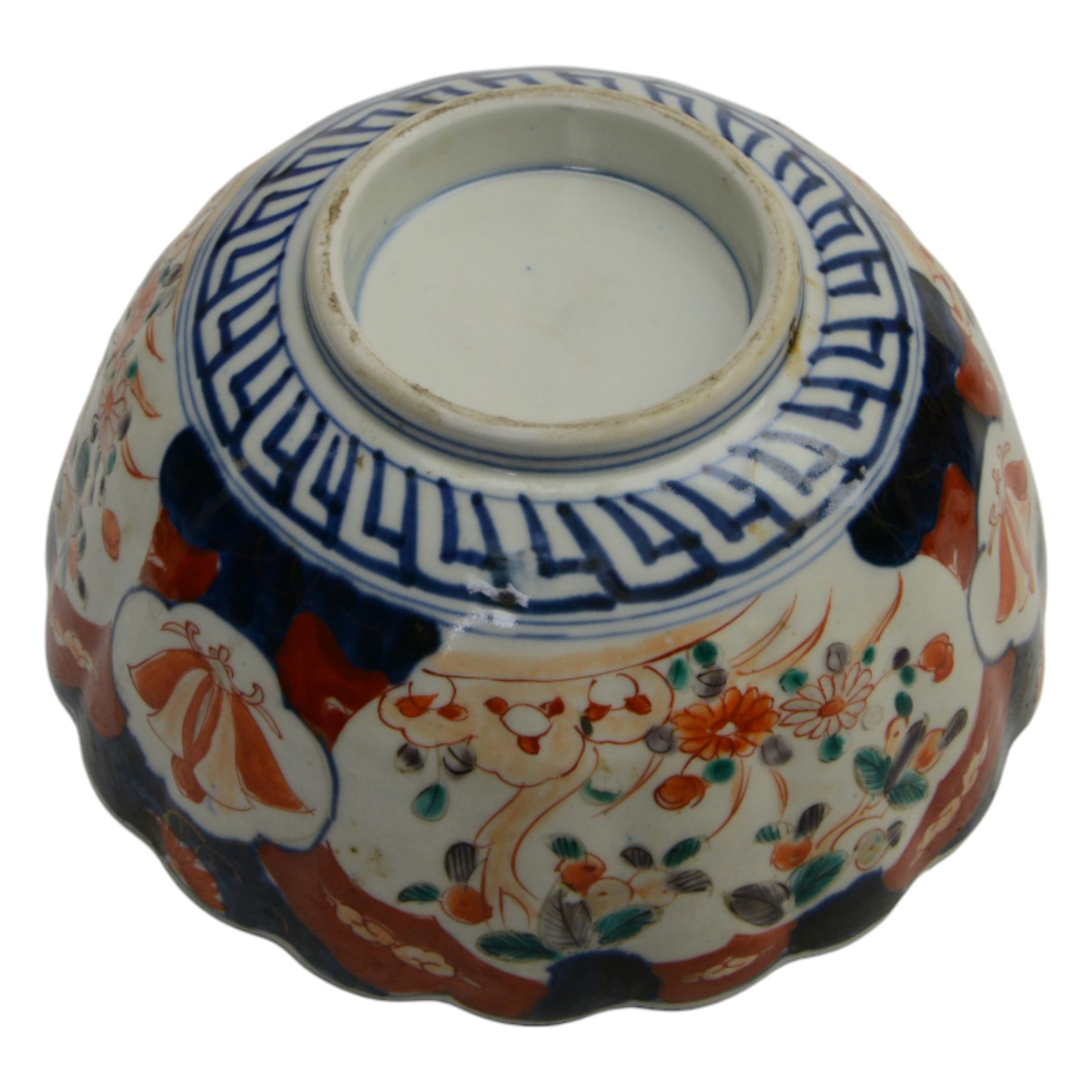 Japanese Imari dish, with scalloped edge, the internal decoration with panels of blossoming branches and a central bird, together with another imari bowl and three vases, scalloped dish H7cm