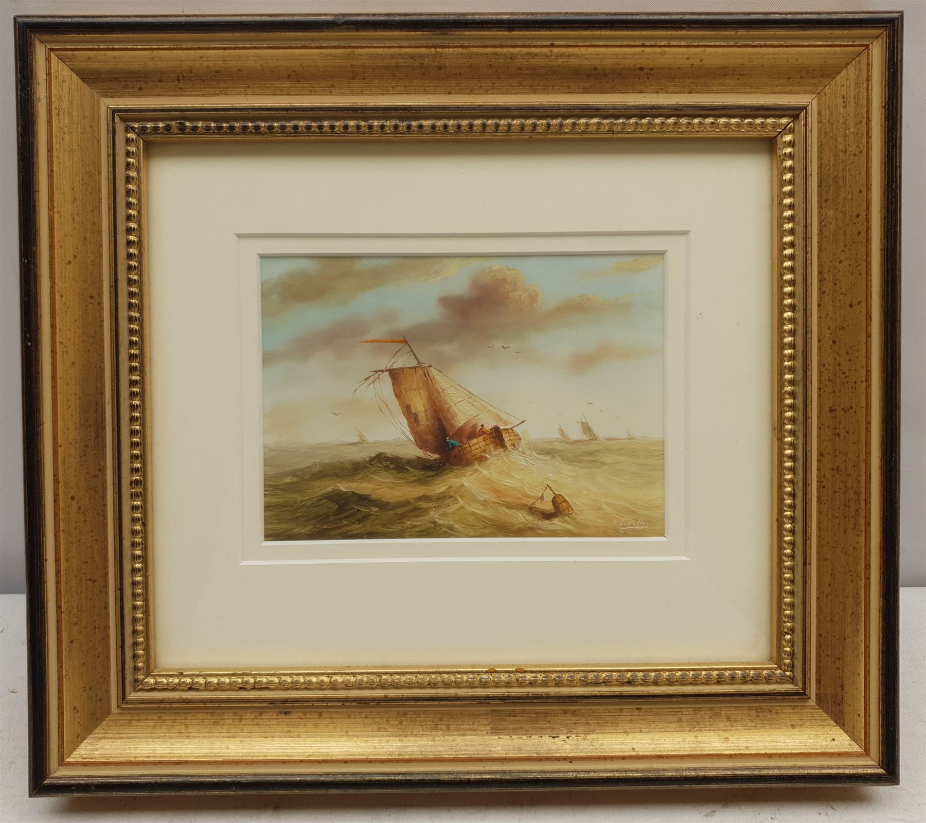 Ronald Cavalla (British 1940-): Fishing Boats in Heavy Sea, oil signed 9cm x 13cm