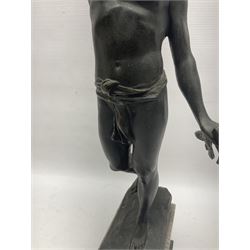 After Ludwig Eisenberger, bronzed figure of a man with a laurel wreath raised in his right hand, H46cm