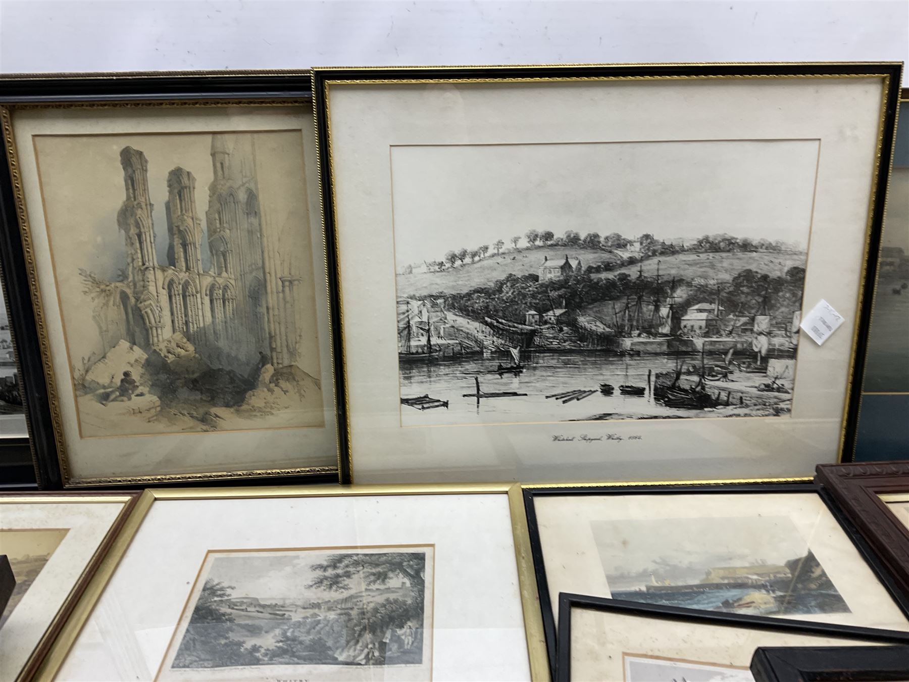 After Francis Pickernell: 'The New Swivel Bridge over the Esk at Whitby', engraving pub. c1835, 22cm x 25cm in original rosewood frame; an interesting collection of prints, engravings and watercolours relating to Whitby (a lot)