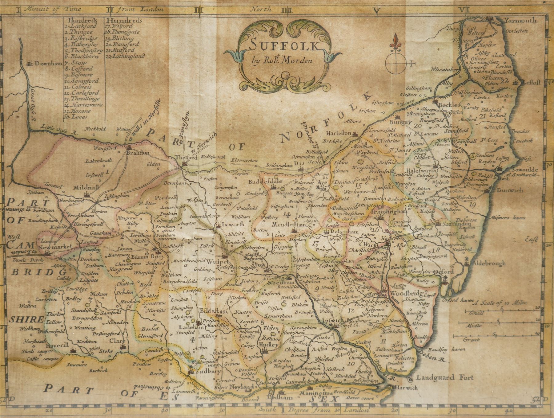Richard Blome (British 1635-1705): 'A Mapp of the County of Leicester with its Hundreds', 18th century map with hand-colouring pub. c.1673; 
Robert Morden (British c.1650-1703): 'Northamptonshire' and Suffolk', two 17th/18th century engraved maps with hand-colouring together one other similar max 36cm x 42cm (4)