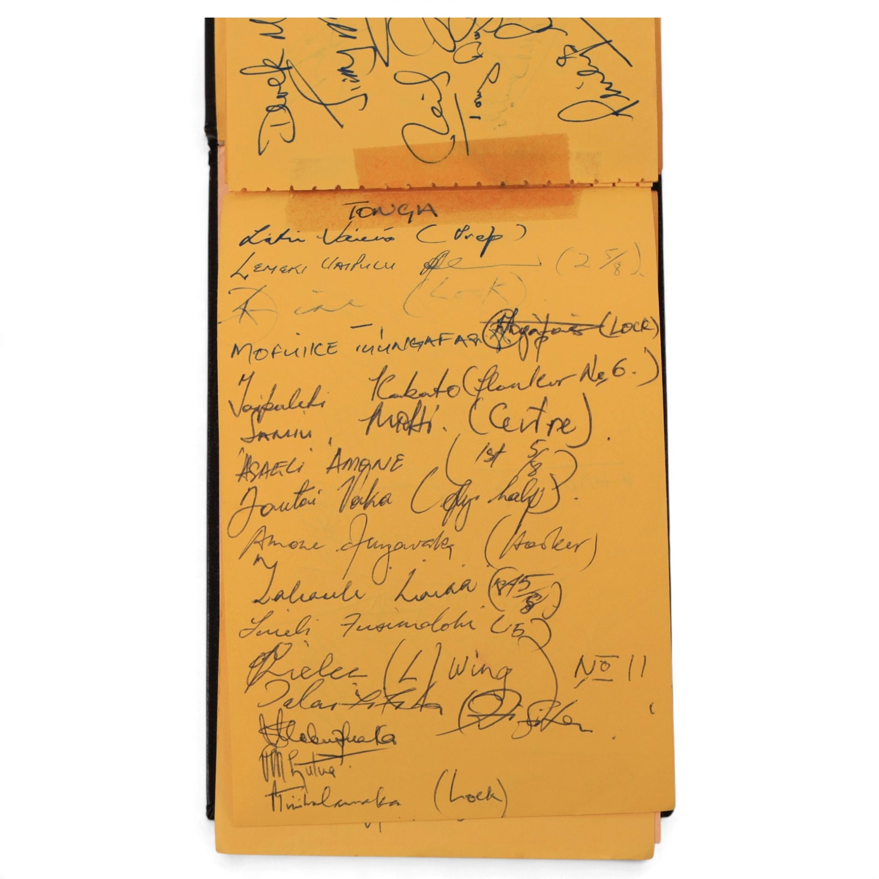1987 Rugby Union World cup autograph book, with signatures of teams including New Zealand, Wales, Ireland, Tonga, Romania, Italy, Canada and Australia