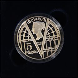 Four The Royal Mint United Kingdom silver proof five pound coins, comprising 1997 'In Memory of Diana Princess of Wales', 2000 'Queen Elizabeth The Queen Mother Centenary Year' piedfort, 2001 'Victorian Anniversary Crown' and 2002 '1900-2002 Her Majesty Queen Elizabeth The Queen Mother' all cased with certificates