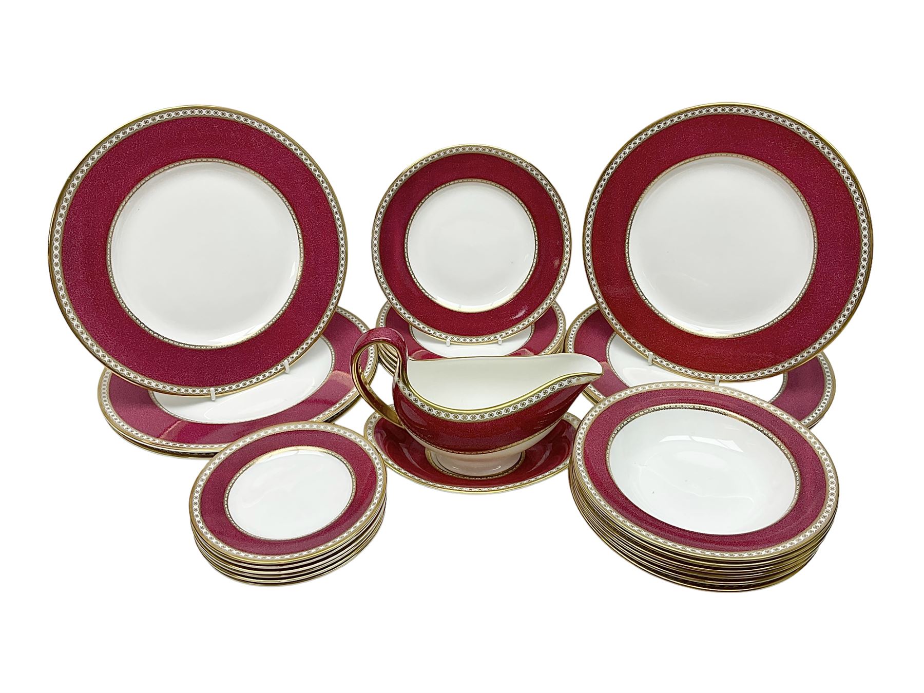 Wedgwood Ulander powder ruby pattern part dinner service, comprising six dinner plates, six side plates, six dessert plates, six soup bowls and sauce boat