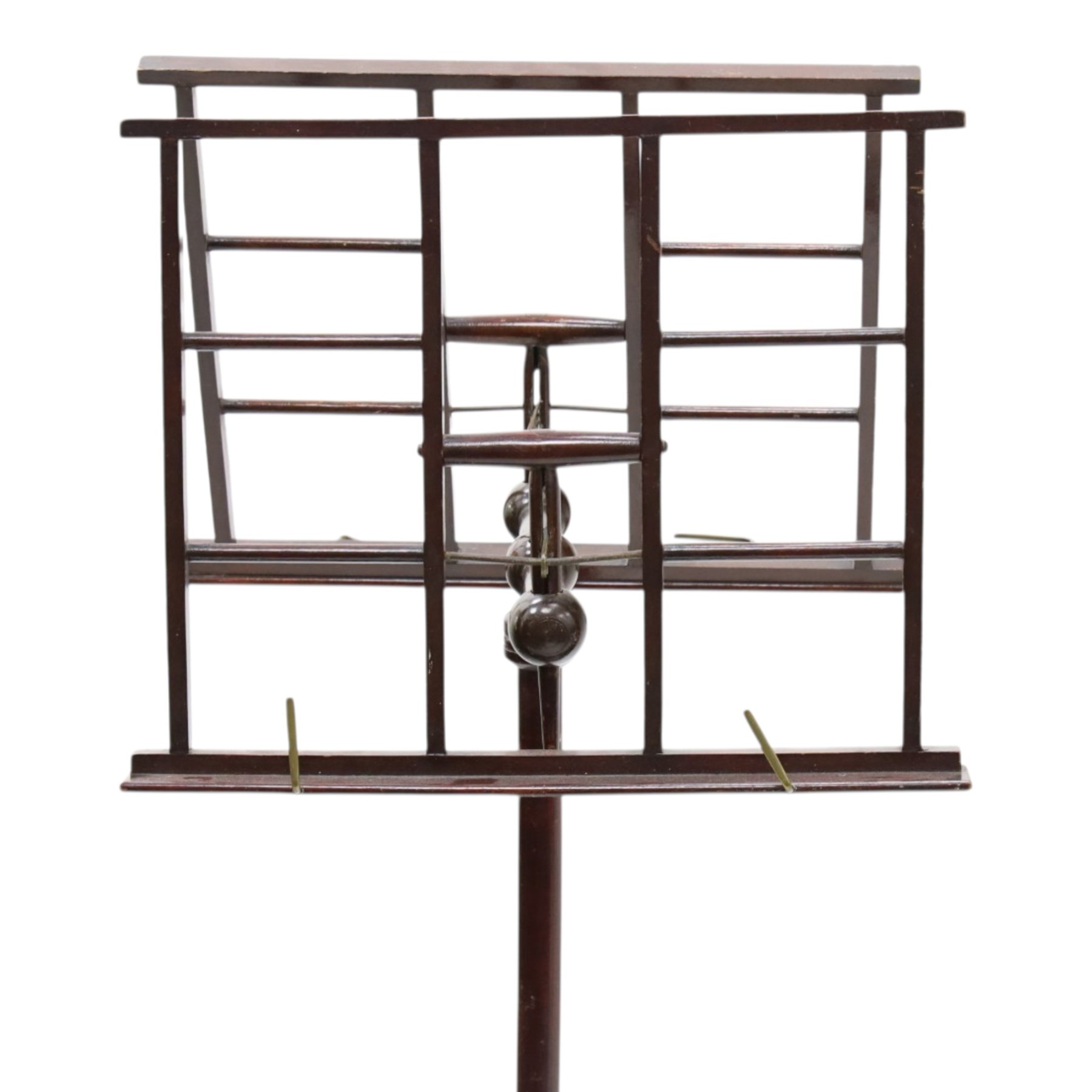 19th century Wheeldon patent telescopic music duet stand, the double adjustable rests over an extendable stem terminating to a turned tripod base