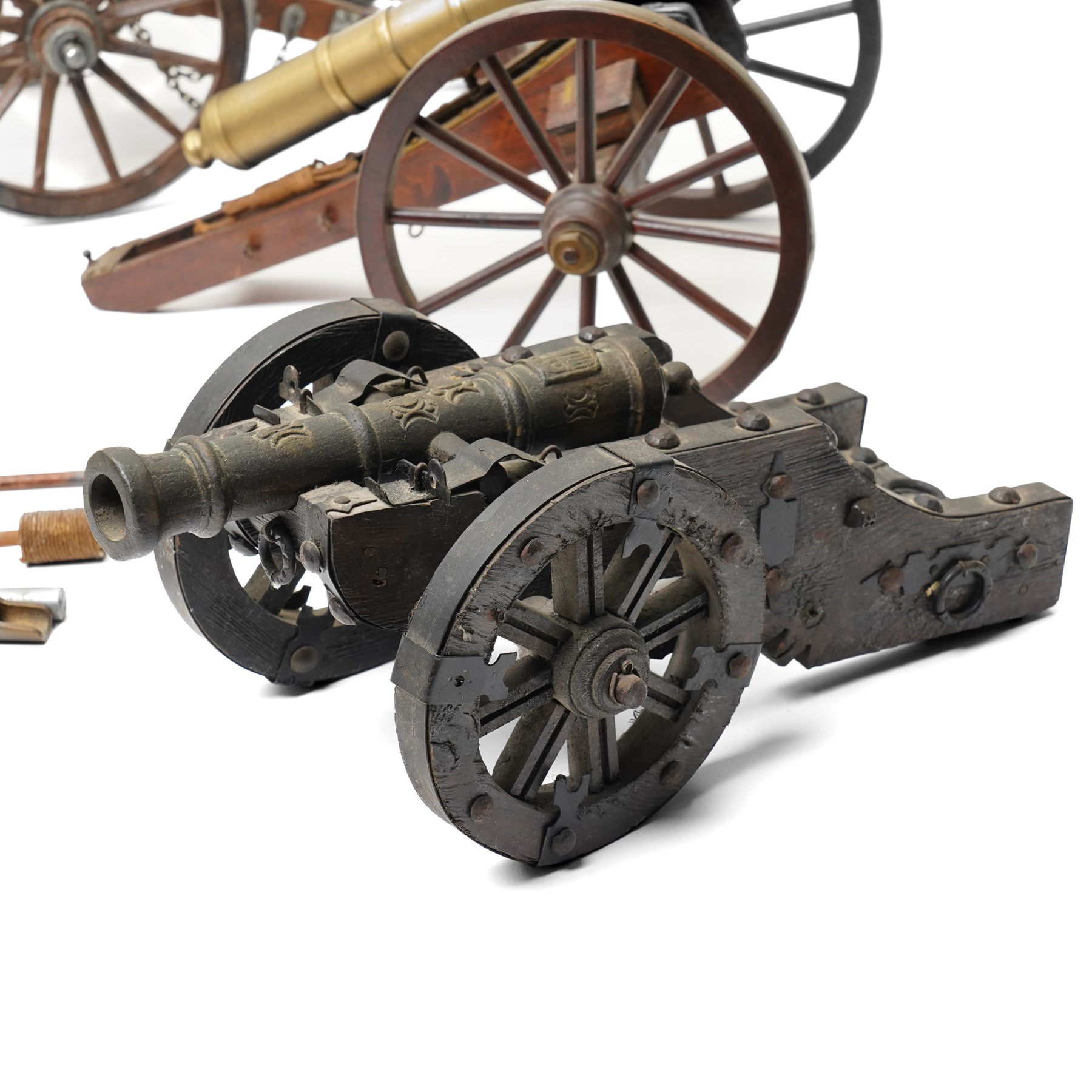 Six scale wood and metal models of cannons, length of longest 32cm together with a gun carriage and model crossbow