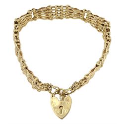 9ct gold fancy five bar link bracelet, with heart locket clasp, hallmarked