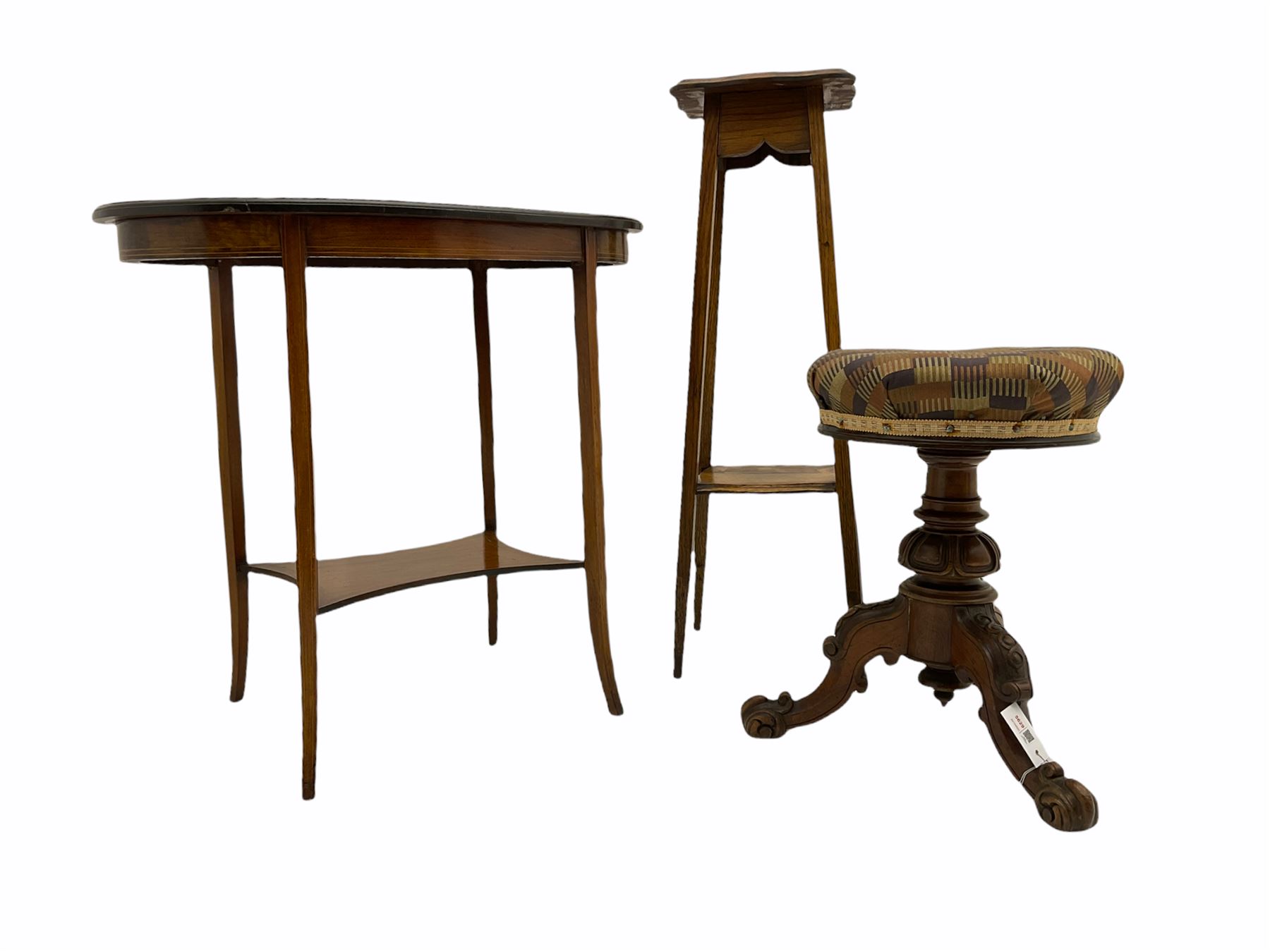 Victorian rosewood revolving piano stool, oak plant stand and an inlaid