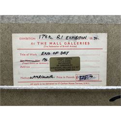 Lindsay Brown (British 20th century): 'End of the Day', watercolour signed, titled on exhibition label verso 15cm x 15cm 
Provenance: exh. Royal Institute of Painters in Water Colours, Mall Galleries, London 1970, label verso