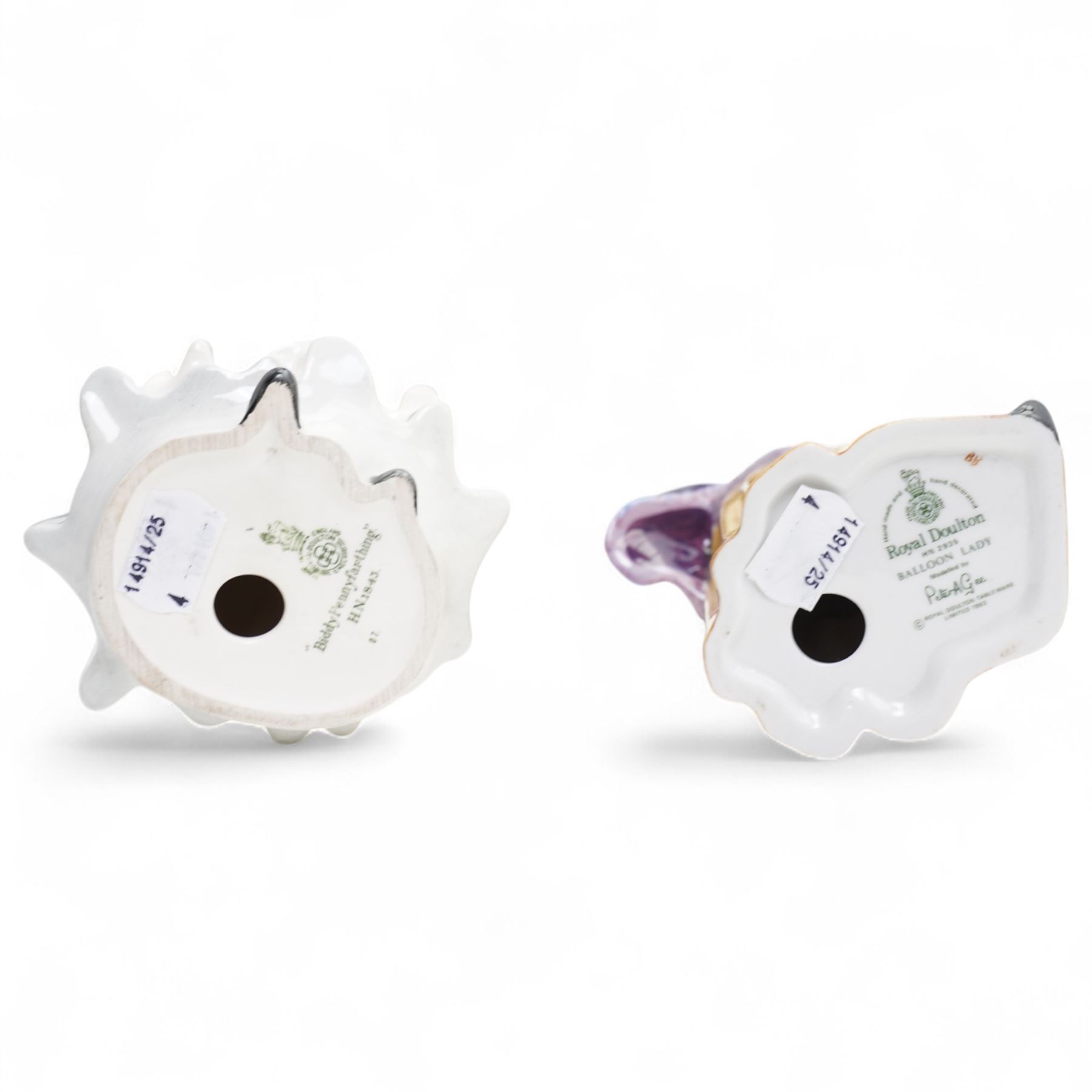 Six Royal Doulton figures, including Balloon Lady HN2935, The Orange Lady HN1759, Silks and Ribbons HN2017 and The Balloon Man HN1954 