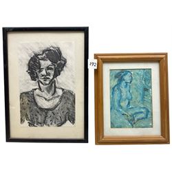 Barry De More (Northern British 1948-2023): 'Small Blue Nude' and 'Portrait of Marisa with Patterned Top', charcoal and watercolour on paper, each signed titled and dated 2010 and 2018 verso, max 24.5cm x 16cm (2)
Notes: Acclaimed as one of the North's greatest expressionist artists, Barry De More (1948-2023) used a heavy impasto style to transfer his love of Yorkshire landscapes, townscapes and people to canvas. His work sits comfortably in the company of work by Kossoff and Auerbach, selling to collectors in the UK and overseas. De More's work can be found in the permanent collection of work by Northern Artists at Dean Clough, one of the UK's largest contemporary art galleries.