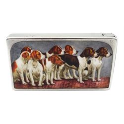 Victorian silver and enamel rectangular vesta case, the lid enamelled with hounds, by Sampson Mordan & Co, London 1890, the reverse inscribed 'James Macqueen F.R.C.V.P. from F.E May 1891'