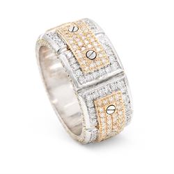 Platinum and 18ct gold diamond ring, eight platinum panels pave set with diamonds, linked by four diamond set horizontal panels, each with screw decoration, total diamond weight approx 2.80 carat