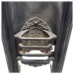 Three cast iron fireplace fittings, comprising a Regency-style fire grate with sunburst crest, urn finials, bowed basket and scroll supports (W58cm H63cm); Victorian fender with pierced acanthus frieze and foliate base (W64cm H20cm); Gothic Revival fireplace with fleur-de-lis crest, arched surround and integral fire basket (W41cm H87cm)
