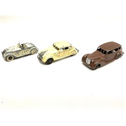 Dinky - six unboxed and playworn pre-war and early post-war die-cast cars open top sports car with white tyres, taxi, ambulance etc (6)