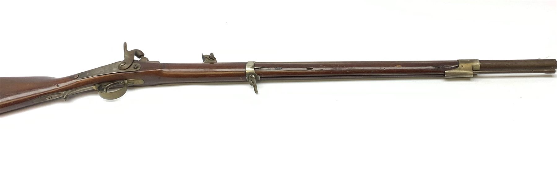  19th century French Military muzzle loading percussion cap rifled musket, approximately 20-bore, 83cm barrel stamped ELG, action stamped F.x Escoffier Entrepr. Mre Imple.A St. Etienne, with adjustable rear sight, twin straps and under barrel ram rod, L128cm overall