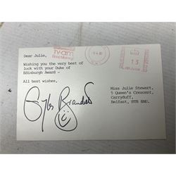 1949 England cricket team signatures including Hutton, Compton, Edrich, Laker etc on loose album page; and large quantity of other autographs of predominantly TV Soap Opera stars from Last of the Summer Wine, Eastenders, Emmerdale, Coronation Street, Heartbeat etc and other TV/Film personalities; on promotional photographs and clipped fragments of paper etc