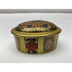 Royal Crown Derby Imari pair of oval pin dishes and covered trinket box, decorated in the 1128 pattern, with printed makers mark beneath, trinket box H6cm
