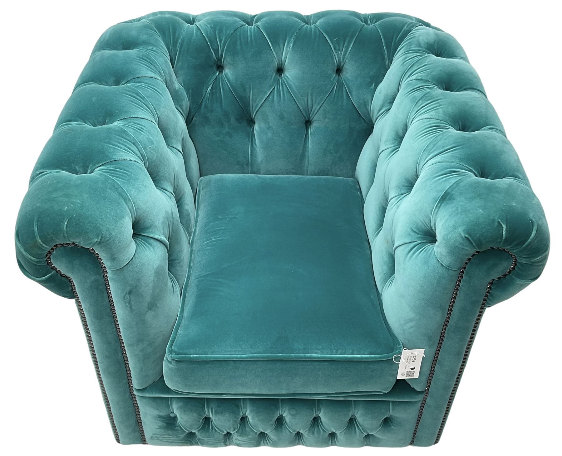 Sofas by Saxon - Chesterfield shape armchair, upholstered in buttoned aqua blue velvet fabric