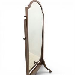 Georgian style mahogany cheval mirror, arched rectangular mirror plate within a moulded frame, on turned supports with brass adjustment mounts, raised on downswept supports terminating in claw feet
