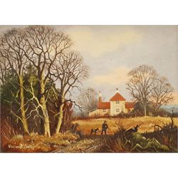 Vincent Selby (British 1919-2004): Figure and Dog on a Country Path, oil on panel signed 14cm x 19cm