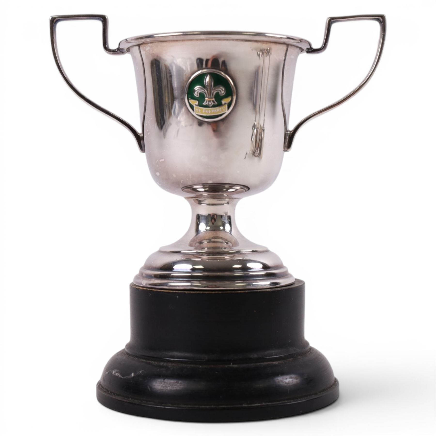 Silver mustard pot and spoon, both hallmarked, together with a silver plated trophy, wine funnel and bell