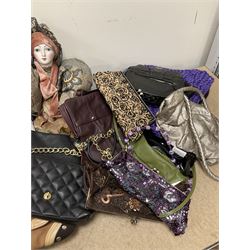Quantity of vintage ladies evening bags and handbags, together with dolls, framed prints and quantity of ornaments housed in an upholstered box etc