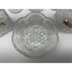 Cut glass bowl, together bonbon dish and cover, four decanters, and five wine labels