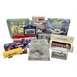 Eleven die-cast models from various makers to include Dinky 955 Fire Engine, missing ladder, boxed; Matchbox YY66 Her Majesty’s Gold State Coach; Corgi - CC18102 Scania R Series Toplone Fridge no.3474/3710; and further vehicles and aeroplanes to include Aviation Archive and Editions Atlas (11) 
