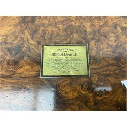Victorian brass bound walnut writing slope, the hinged lid with engraved rectangular plaque lifting to reveal compartmented interior for restoration, L50cm D27cm H19.5cm