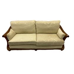Multi-York - Hardwood framed bergère lounge suite, three seat sofa (W204cm), and pair matching armchairs (W90cm), upholstered in cream floral pattern fabric 