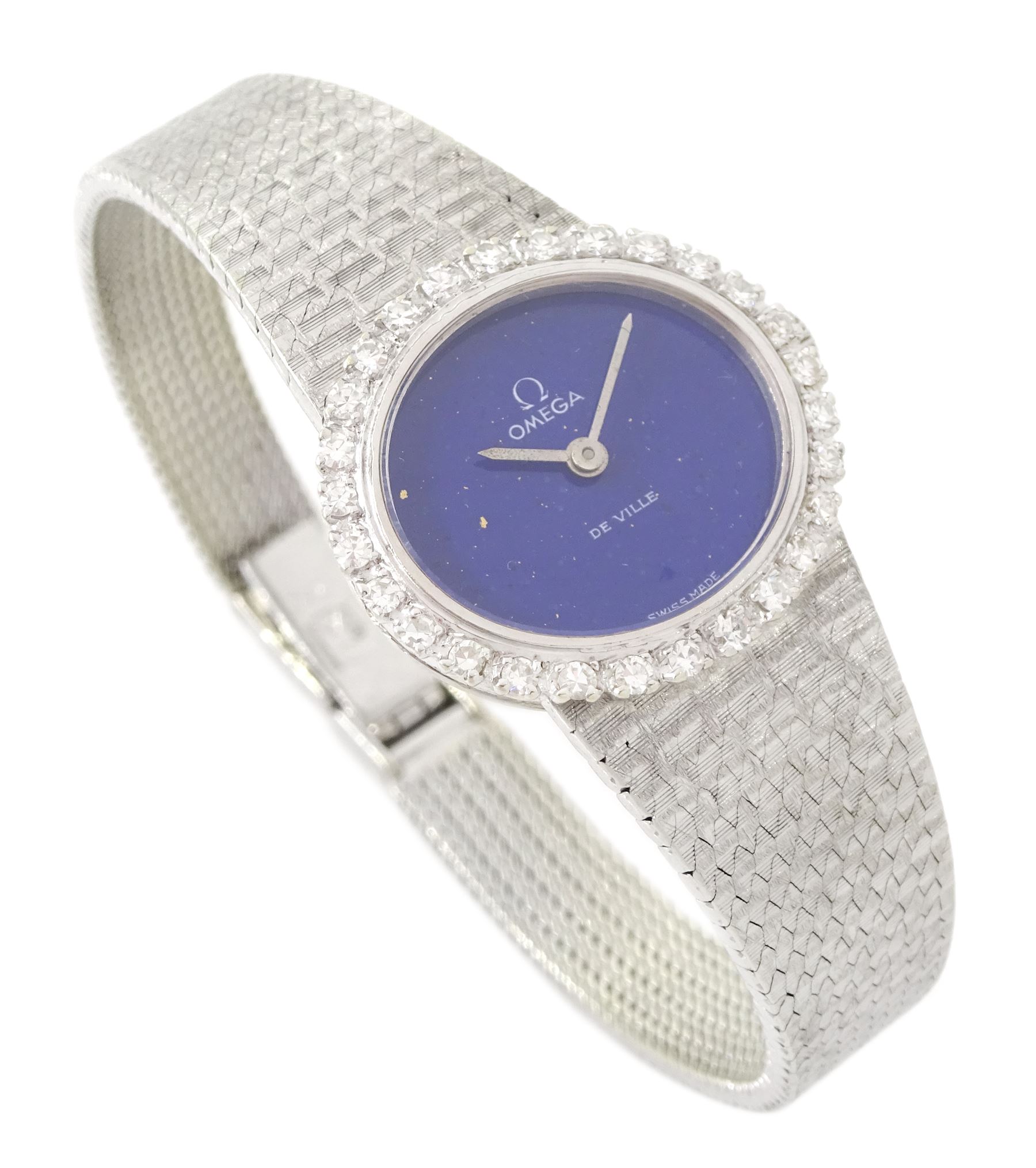 Omega ladies 18ct white gold, manual wind wristwatch, Cal. 620, lapis lazuli dial with round brilliant cut diamond bezel, on integral 18ct white gold bracelet, London import mark 1970