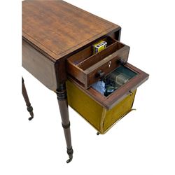 Narrow George III mahogany sewing or work Pembroke table, drop-leaf rectangular top with rounded corners inlaid with ebony stringing, fitted with single full-length cock-beaded drawer and opposing false drawer fascia, turned handles and ivory escutcheons, sliding upholstered storage bag beneath, on ring turned supports with brass cups and castors

This item has been registered for sale under Section 10 of the APHA Ivory Act