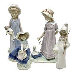 Four Lladro figures, comprising Pulling Dolls Carriage no 5044, Belinda with her Doll no 5045, Pretty Pickings no 5222 and Shepherdess with basket no 4678 