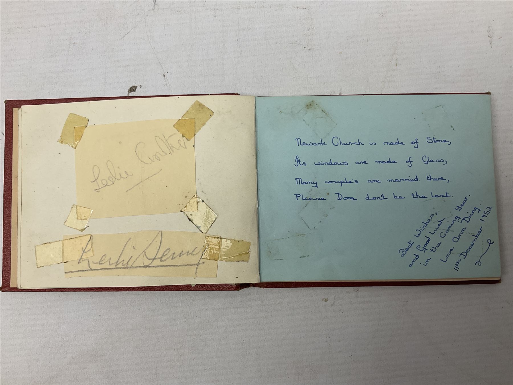 Mid 20th century autograph book, to include autographs from Beverley Sisters, Reg Varney, Ronnie Verrell, Betty Mitchell, etc, poems and verses etc