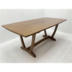 'Acornman' oak rectangular dining table, slightly curved rectangular top supported by two curved uprights, on shaped sledge feet connected by stretcher, by Alan Grainger of Brandsby, York