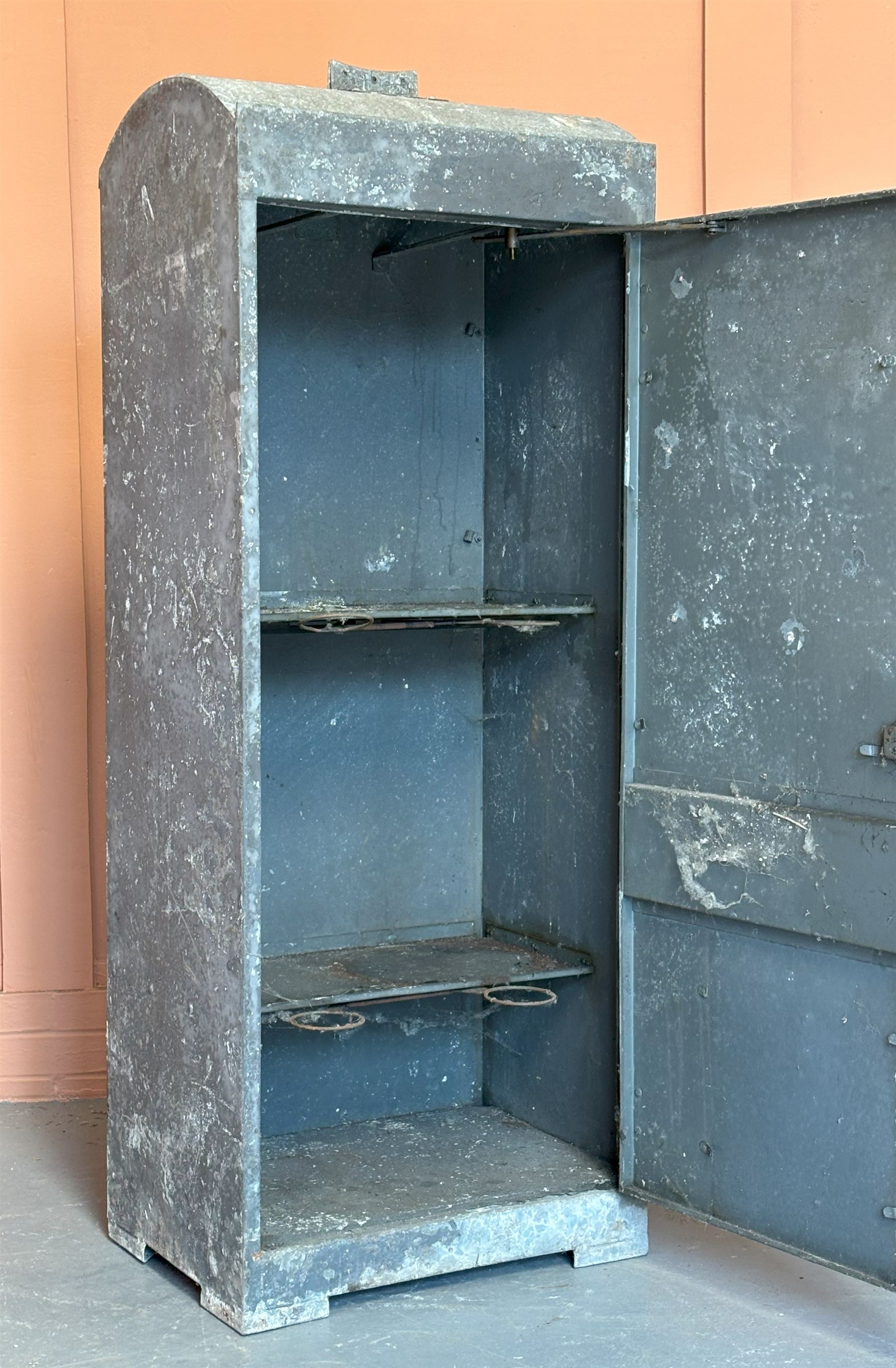 Riveted and galvanised steel Gargoil oil forecourt oil cabinet, C.1930's, the door opening to two original shelves and four brackets. H159cm, W61cm, D43cm. - COLLECTION BY APPOINTMENT FROM: The White House, Thirsk Road, Easingwold, York, YO61 3NF - CALL 01723 507111 TO ARRANGE