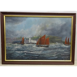  Robert Sheader (British 20th century): Fishing Boats in Stormy Weather off Scarborough, oil on board signed 50cm x 75cm  