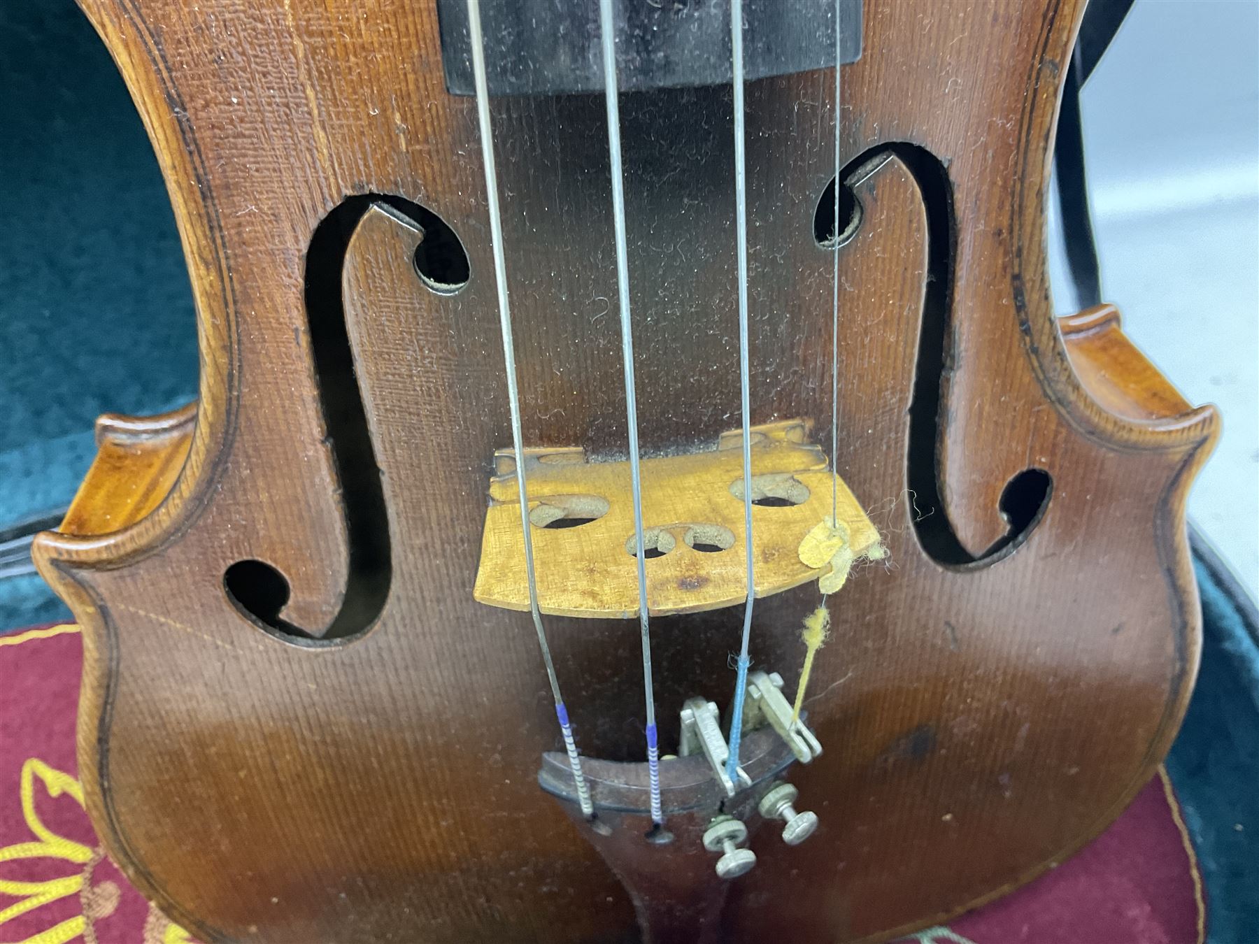 French violin c1900 labelled Guadagnini with 35.5cm two-piece maple back and ribs and spruce top, labelled 'Joannes Baptista Guadagnini Pla Centinus Fecit Mediolani 17**' L59cm overall; in hard carrying case