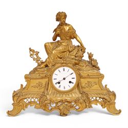 19th century French ormolu mantel clock, retailed by J & W Marshall, Paris, surmounted wit...