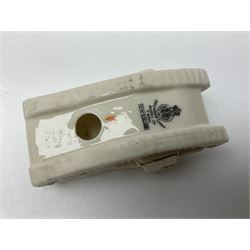 Ten WW1 crested china military models of tanks and field guns; various makers including Goss, Grafton China, Arcadian China, Savoy China etc; various crests including Portsmouth, Brighton, Pendleton, Paignton, Cowes, Flamborough etc (10)